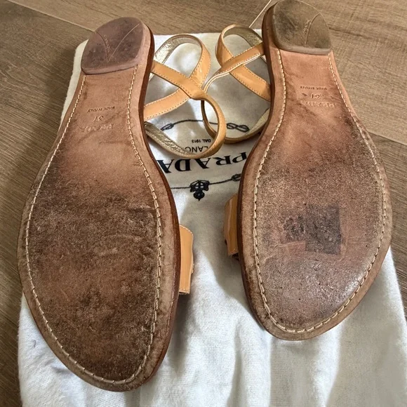 PRADA Leather Nude Sandal 37 Tortoise Shell Style Chain Links Strappy Flat Italy - Picture 7 of 14